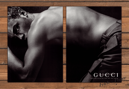 Gucci Sexy Muscles Shirtless Man Black & White Back Print Ad 1998 1990s (2pgs)