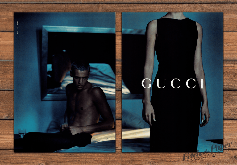 Gucci Shirtless Man on Bed and Woman in Black Dress Print Ad 1998 1990s (2pgs)