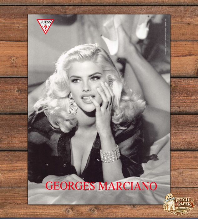 Guess 1990s Print Advertisement 1993 Anna Nicole Smith Finger Mouth Bed