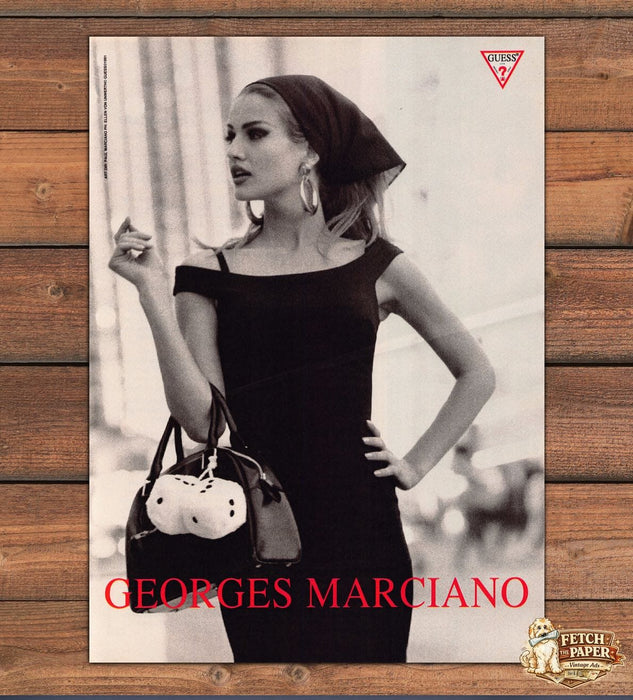 Guess By Marciano Karen Mulder Black Dress Headscarf Handbag Print Ad 1991 1990s