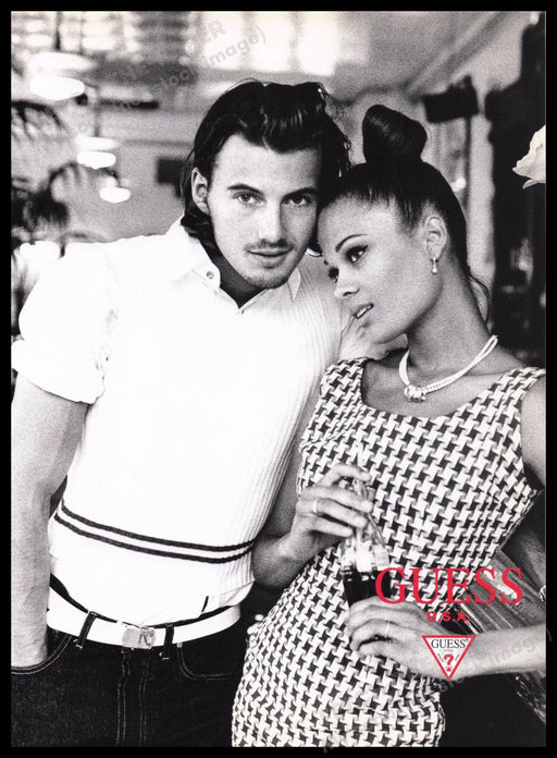 Guess Clothing 1990s Print Advertisement Ad 1996 Couple at the Bar Fetch the Paper!