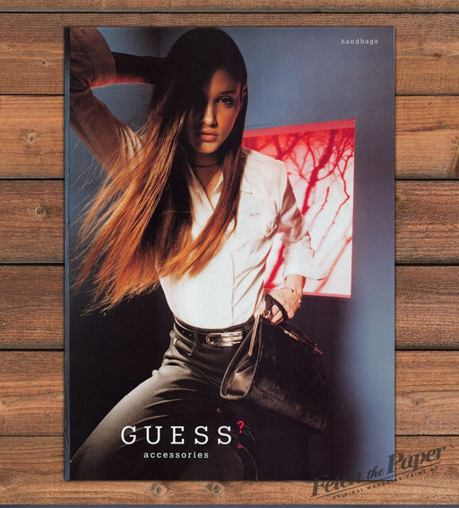 Guess Handbags Pony Hair Bag Brunette Model Print Ad 1997 1990s