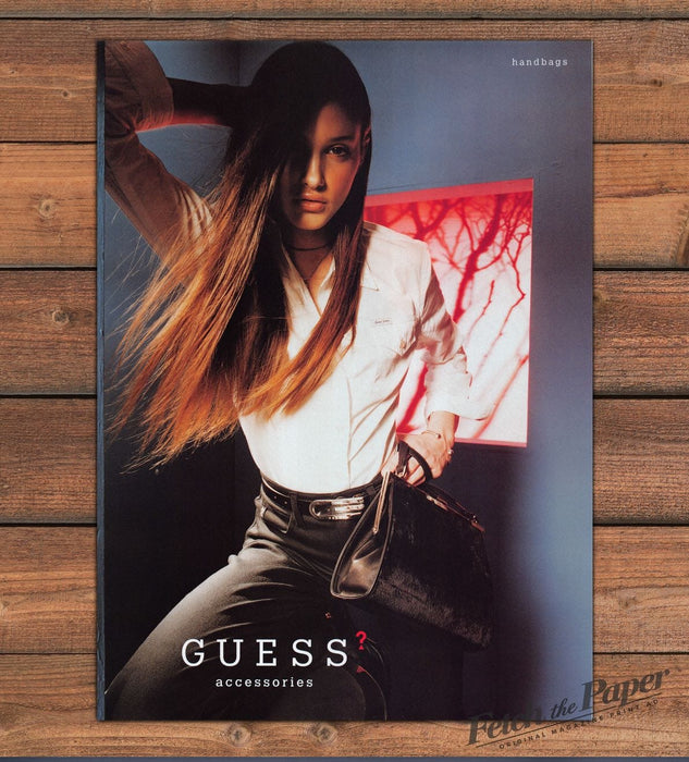 Guess Handbags Pony Hair Bag Brunette Model Print Ad 1997 1990s