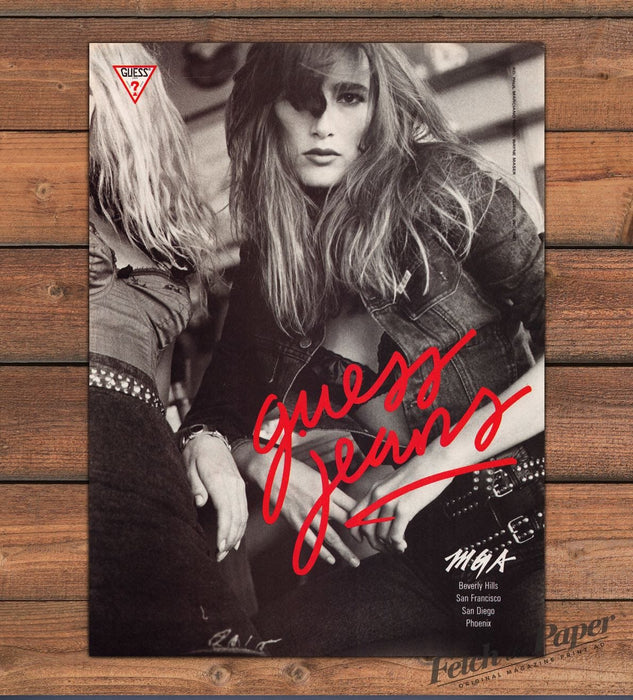 Guess Jeans Long Hair Girl Denim Jacket Black and White Print Ad 1987 1980s