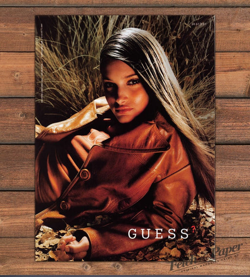 Guess Leather Coat Woman In Dry Grass And Leaves Print Ad 1997 1990s