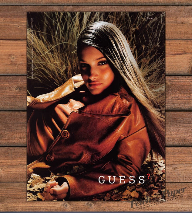 Guess Leather Coat Woman In Dry Grass And Leaves Print Ad 1997 1990s