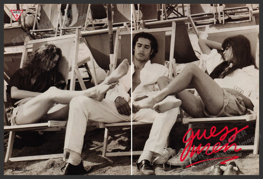 Guess Men Cameron Alborzian 1980s Print Advertisement (2 Page) Ad 1988 Legs Fetch-the-Paper