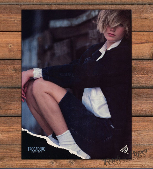 Guess Trocadero New York Black Denim Skirt Legs Blonde Print Ad 1985 1980s