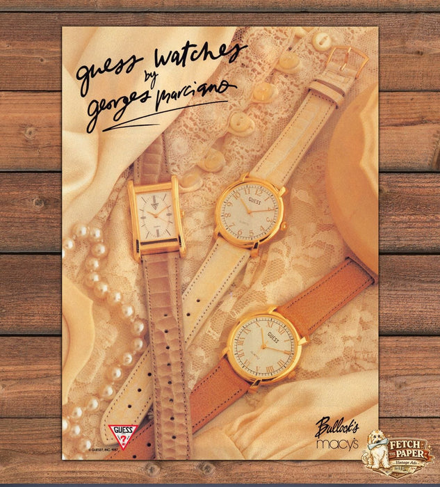 Guess Watches by Georges Marciano Gold Leather Bands Print Ad 1988 1980s