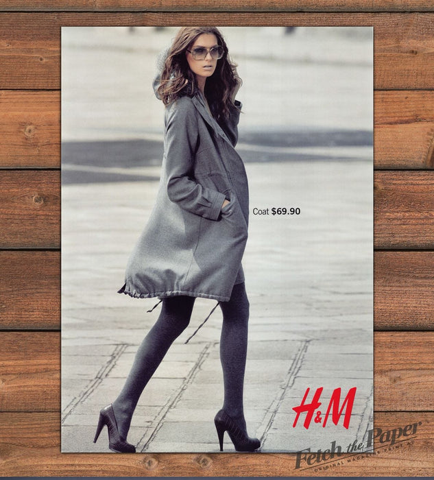 H&M Gray Parka Coat Model Sunglasses Black Tights Legs Heels Print Ad 2007 2000s