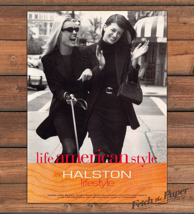 Halston Lifestyle Two Women Laughing Black Coats Print Ad 1997 1990s