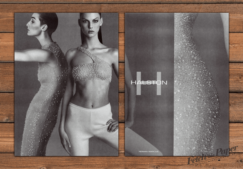 Halston Models in Beaded Dresses Black and White Print Ad 1998 1990s (2pgs)