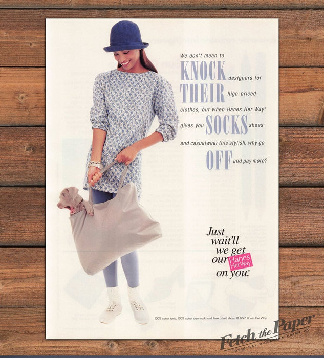Hanes Her Way Weimaraner Puppy Socks Shoes Playful Cute Print Ad 1997 1990s