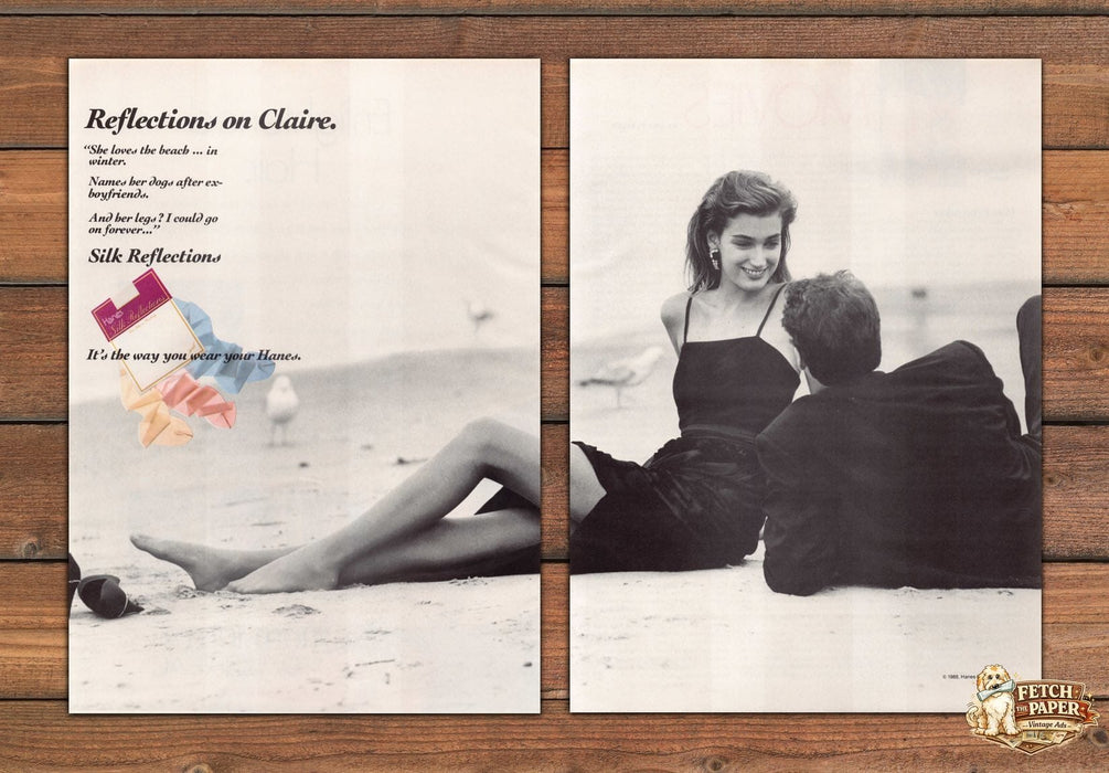 Hanes Silk Reflections Pantyhose Claire Beach Couple Print Ad 1989 1980s (2 pgs)