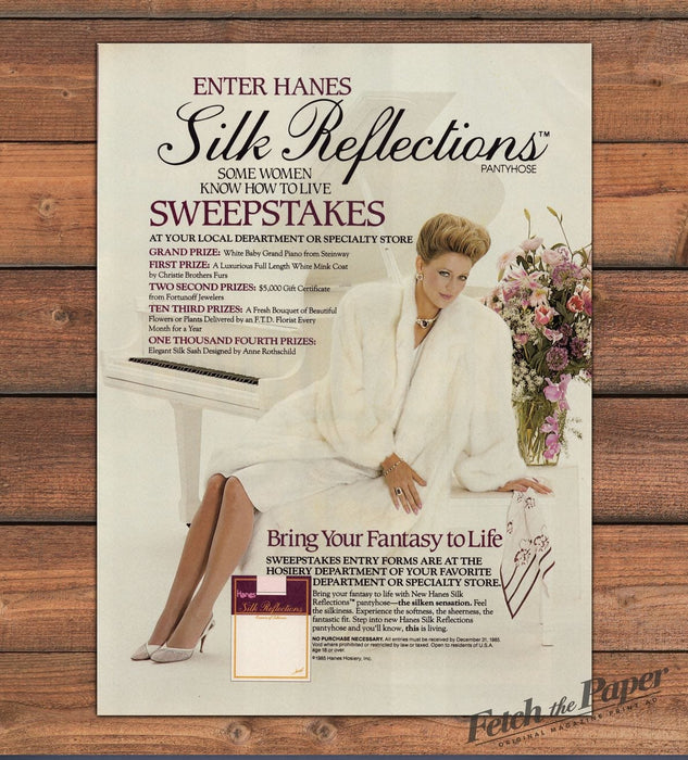 Hanes Silk Reflections Pantyhose Sweepstakes Legs Mink Print Ad 1985 1980s