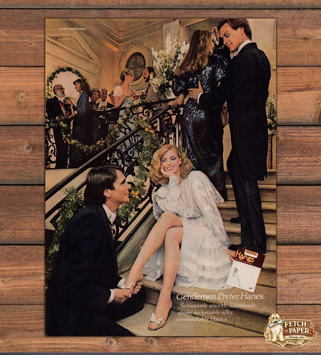 Hanes Ultra Sheer Pantyhose Gentlemen Prefer Party Legs Print Ad 1981 1980s