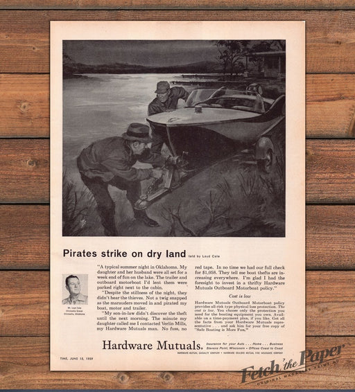 Hardware Mutuals Insurance Pirates Strike On Dry Land Boat Print Ad 1959 1950s