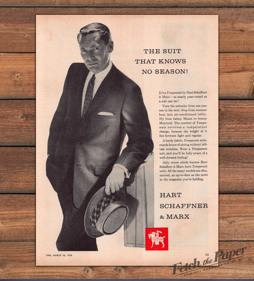 Hart Schaffner Marx Tempawate Suit No Season Man Straw Hat Print Ad 1959 1950s