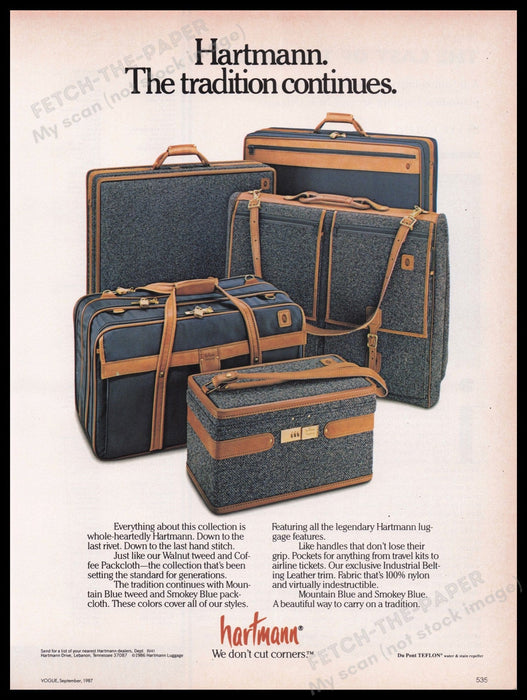 Hartmann Luggage 1980s Print Advertisement Ad 1987 Mountain Blue & Smokey Blue Fetch the Paper!