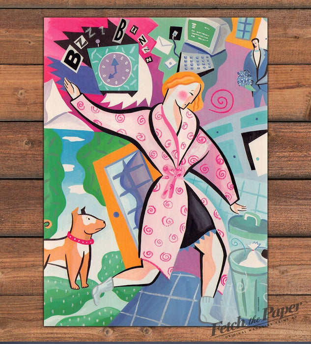 Heidi Younger "ADD" Busy Woman Pink Robe Dog Magazine Illustration 1993 1990s