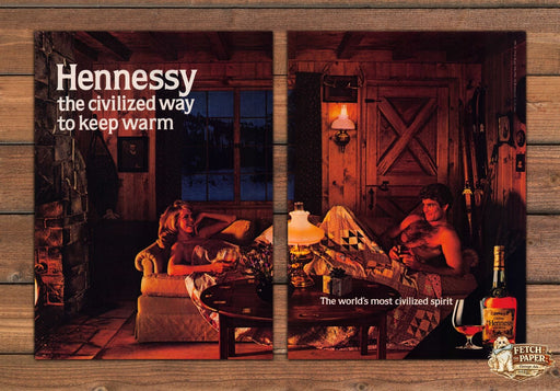 Hennessy Cognac Wood Cabin Sexy Couple 1980s Print Advertisement (2 Pages) 1984