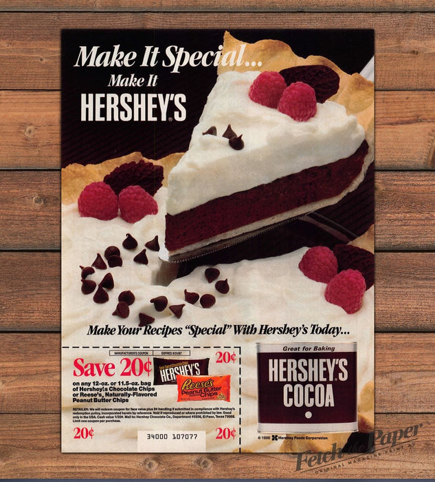 Hershey’s Cocoa Chocolate Raspberry Pie Slice Recipe Print Ad 1986 1980s