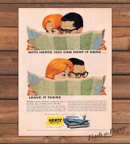 Hertz Rent a Car Chevrolet Couple Reading Map Illustration Print Ad 1959 1950s