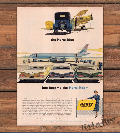 Hertz Rent A Car Hertz Habit Biplane United DC-8 Chevrolets Print Ad 1959 1950s