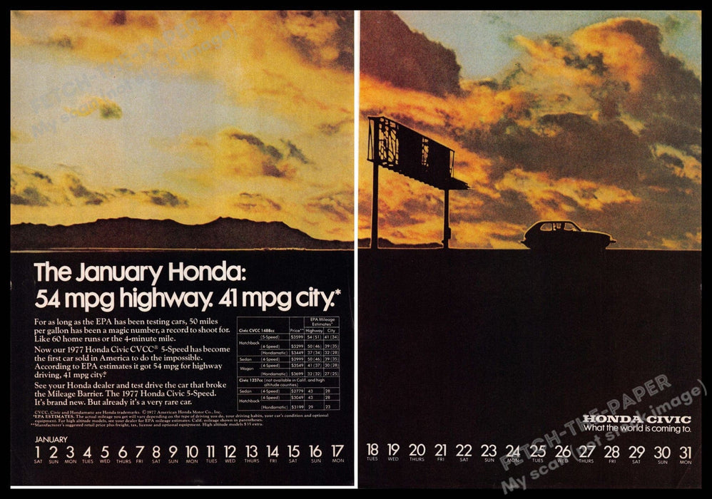 Honda Civic 1970s Print Ad (2 pages) 1977 "The January Honda" Honda Civic