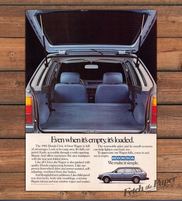 Honda Civic 4-Door Wagon Cargo Area Liftgate Even When Empty Print Ad 1983 1980s