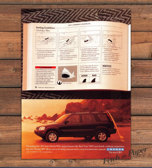 Honda CR-V Surfing Guidelines Shark Page And Beach Print Ad 1997 1990s (2pgs)