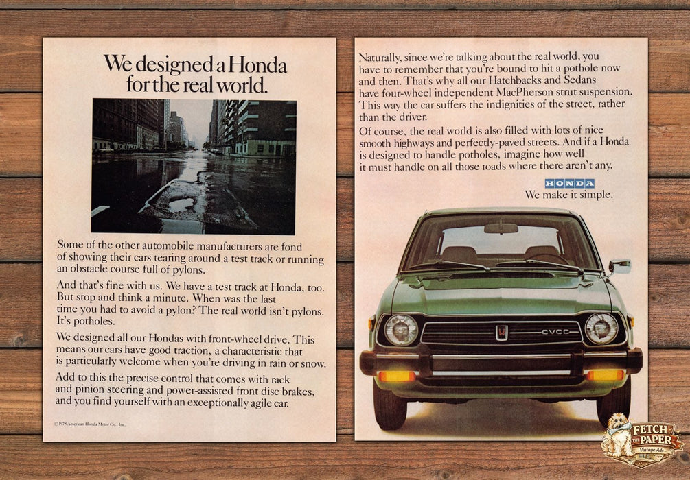 Honda We Designed for Real World Green Hatchback Print Ad 1978 1970s (2 Pages)