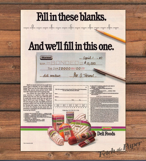 Hormel Deli Foods Secret Word Contest $10,000 Check Print Ad 1987 1980s