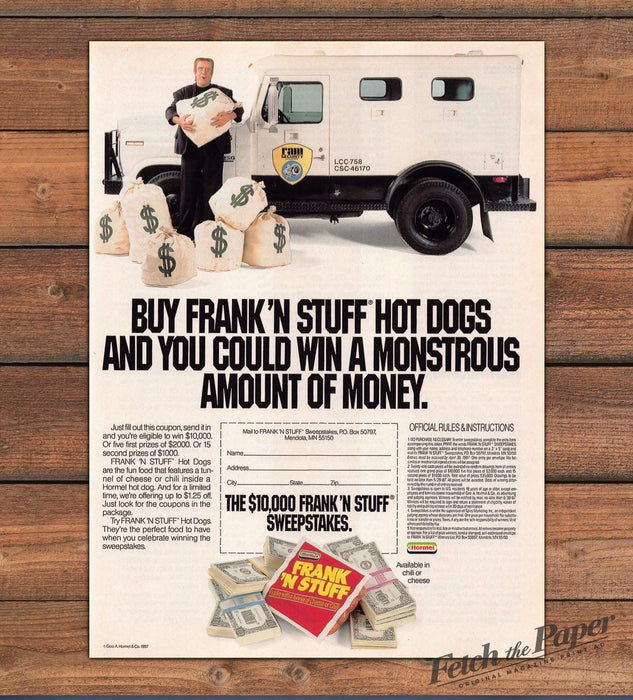 Hormel Frank 'N Stuff Hot Dogs Frankenstein Money Bags Print Ad 1987 1980s