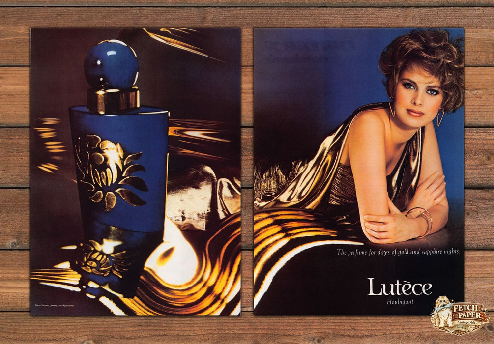 Houbigant Lutece Gold Sapphire Nights Blue Bottle Print Ad 1986 1980s (2pgs)