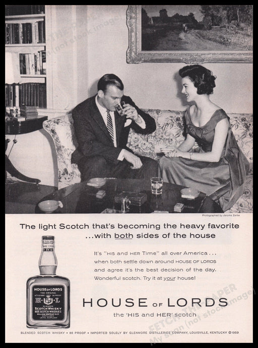 House of Lords Scotch Whisky "His and Hers" 1950s Print Advertisement Ad 1959 Fetch the Paper!