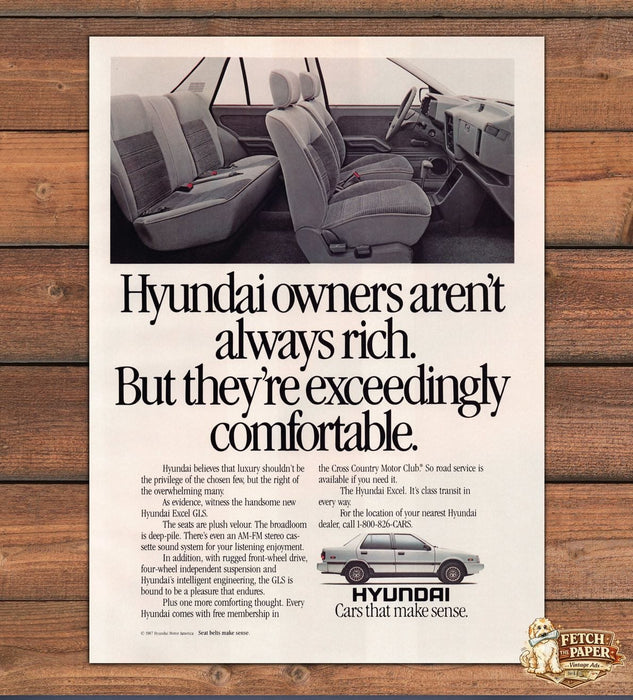 Hyundai Excel GLS Interior Seats Cars That Make Sense Print Ad 1988 1980s