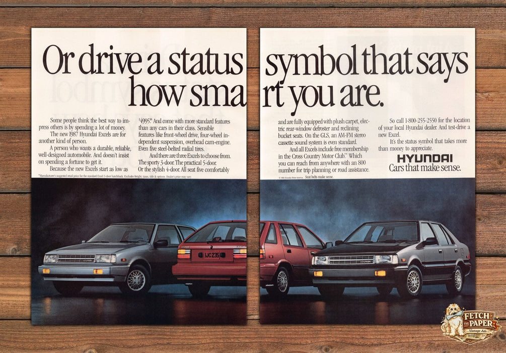 Hyundai Excel Status Symbol Three Models Print Ad 1986 1980s (2pgs)