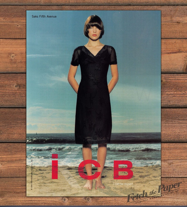 ICB Model Milla Jovovich Black Dress Beach Saks Fifth Avenue Print Ad 1998 1990s
