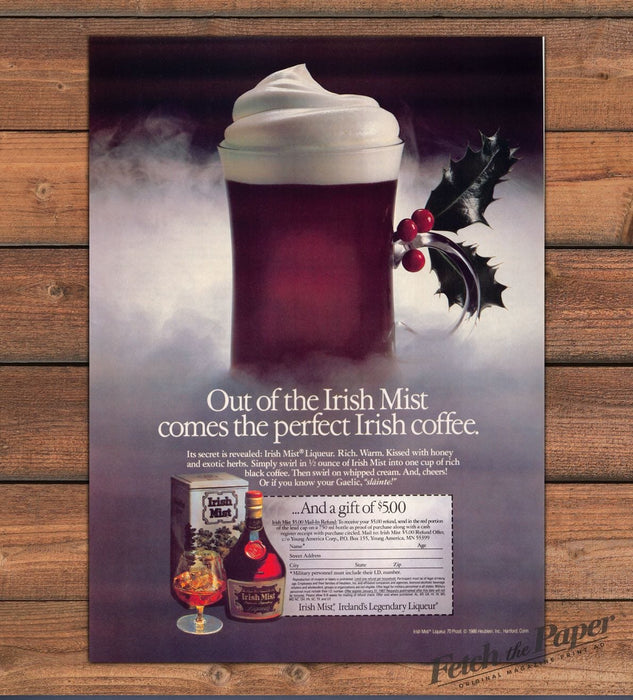 Irish Mist Liqueur Irish Coffee Whipped Cream Holiday Holly Print Ad 1986 1980s