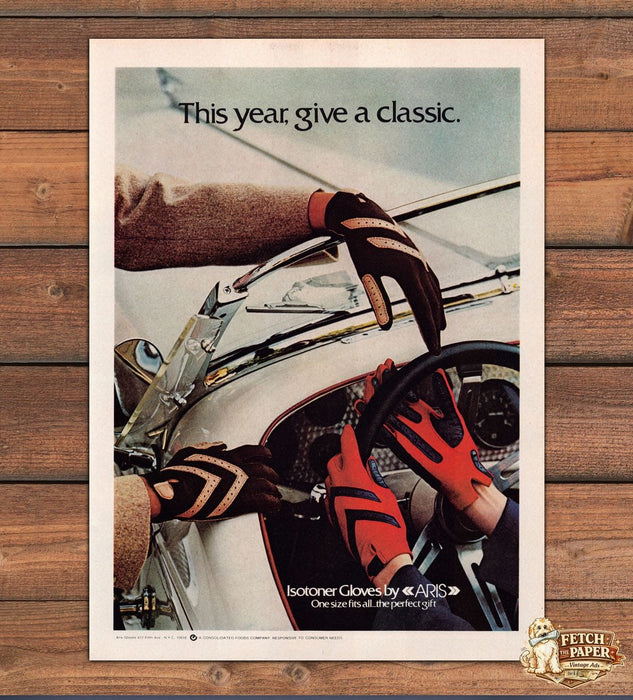 Isotoner Gloves Aris Classic Car Driving Steering Wheel Print Ad 1979 1970s