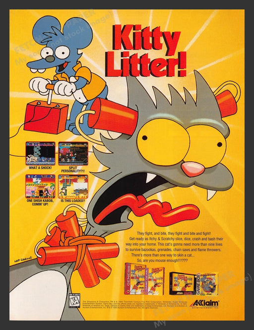 Itchy & Scratchy Kitty Litter! Video Game 1990s Print Advertisement Ad