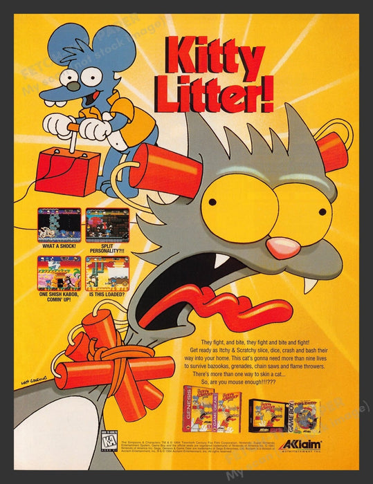 Itchy & Scratchy Kitty Litter! Video Game 1990s Print Advertisement Ad