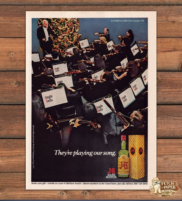 J and B Rare Scotch Orchestra Jingle Bells Christmas Tree Print Ad 1979 1970s