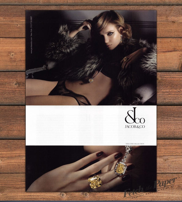 Jacob & Co Fur Coat Model Bare Midriff Yellow Diamond Rings Print Ad 2008 2000s