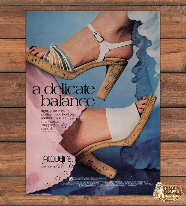 Jacqueline Delicate Balance Cork Wedge Sandal Legs Print Ad 1978 1970s