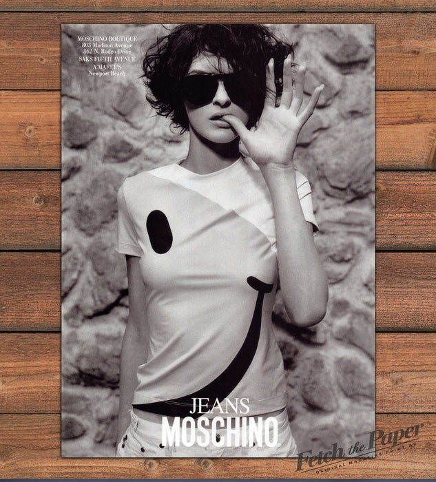Jeans Moschino Model in Smiley Face T-Shirt Sunglasses Print Ad 1998 1990s