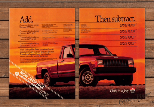 Jeep Comanche Pickup Truck Add Then Subtract Sunset Print Ad 1988 1980s (2pgs)