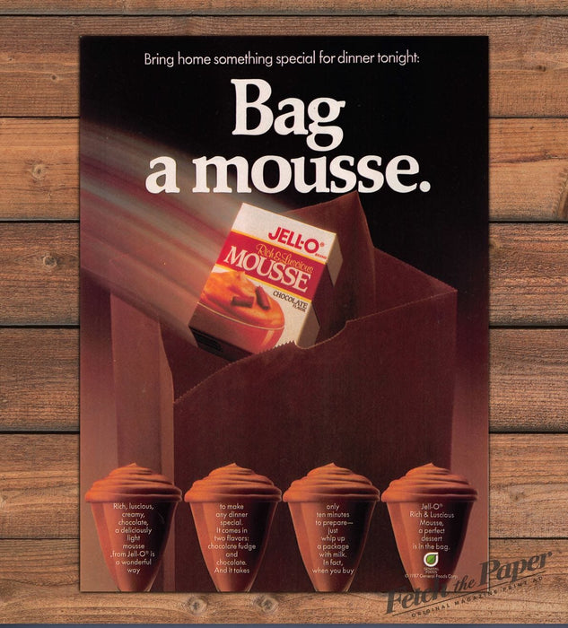 Jell-O Chocolate Mousse Box Brown Grocery Bag Dessert Cups Print Ad 1987 1980s