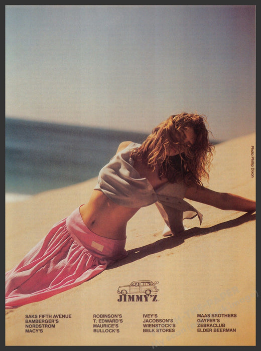 Jimmy'z Clothing 1980s Print Advertisement Ad 1987 Sexy Model Beach Sand Fetch-the-Paper